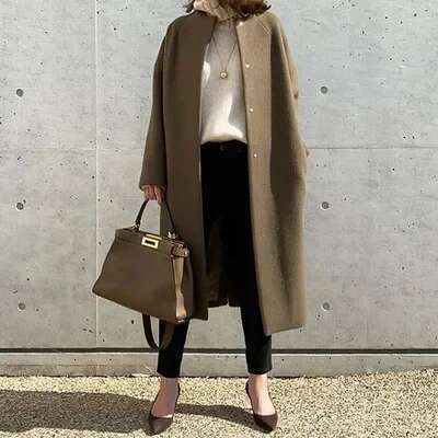 Elegant Woolen Coat For Women Long Sleeve Streetwear Korean Fashion Solid Single Breasted 2023 New Autumn Winter Coats