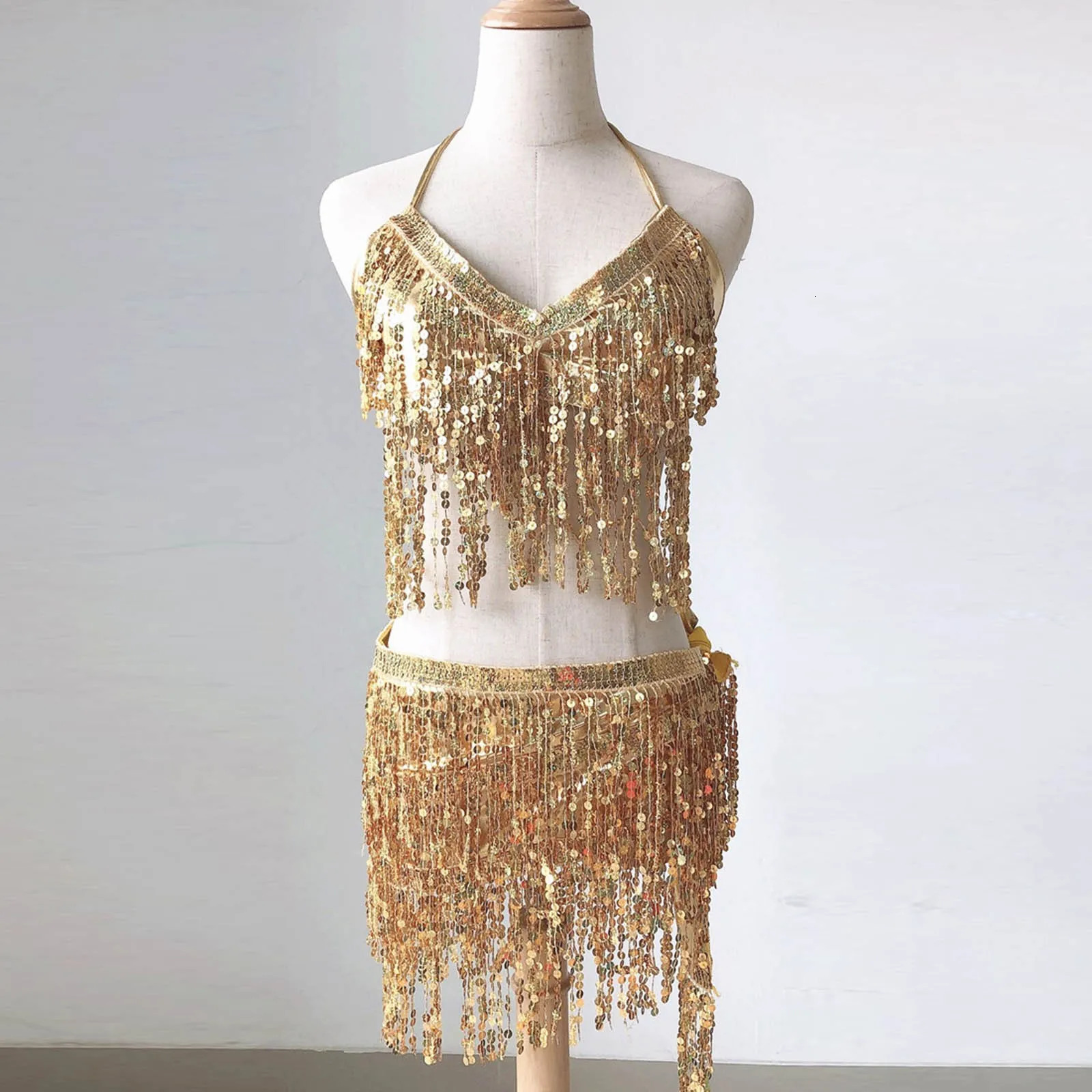 WomenS Sequin Belly Dance SuspEnder TOP VestHalf Skirt Set Tassel Wrap Mini Skirt Set Nightclub Outfits Club PArty 250206