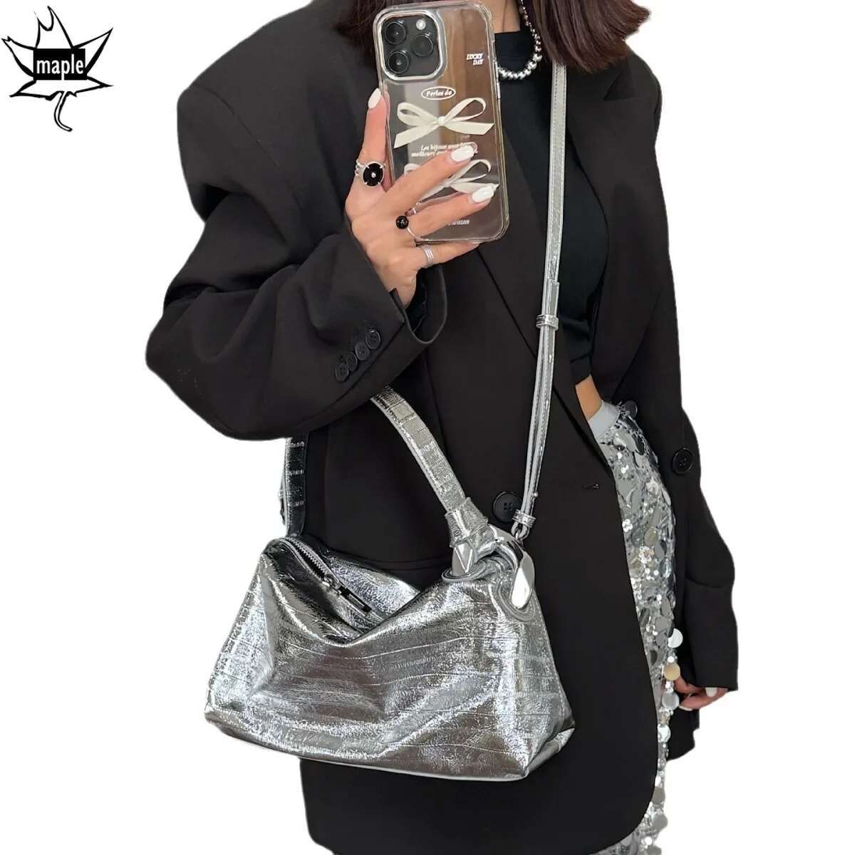 Ins Chic Sier Gold Color Designer Bowg Tote Genuine Cow Leather Women's Shoulder Bag High Quality Autumn Office Handbag