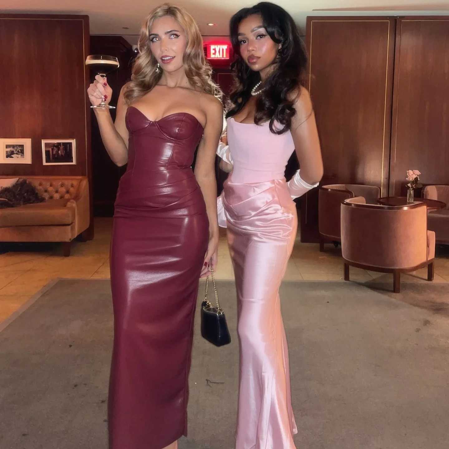 Basic Casual Dresses Suninheart Autumn Strapless Party Dresses 2024 New Arrivals Wine PU Corset Dress Sexy Midi Bodycon Night Event Dress Women H25217