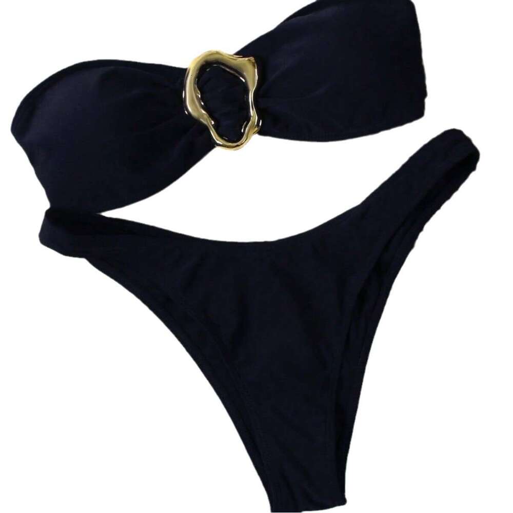 Split Strapless Neck Hanging Metal Accessory Swimsuit Set Bikini Solid Color Pure Desire Sexy Bathing Suits for Women Bathing Suits Designer Gt Cut Ne