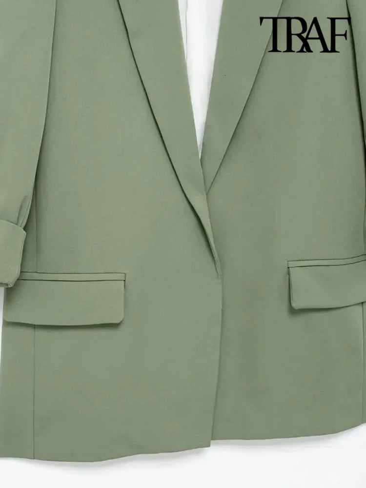 TRAFWomens Open Blazer Coat with Turnup Sleeves Front Flap Pockets Female Outerwear Chic Tops Fashion 250213