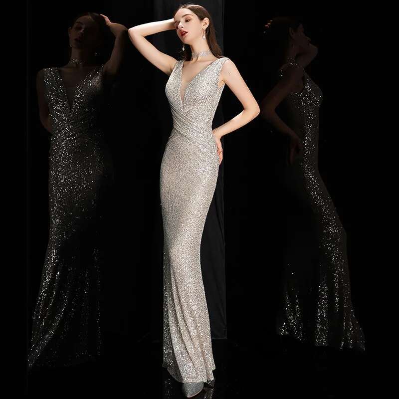 DEERVEADO Elegant V Neck Sequin Evening Long 2023 New Women Mermaid Formal Party Gown Bodycon Maxi Prom Dress