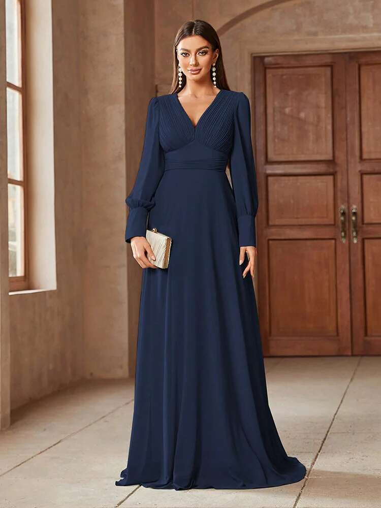 TOLEEN 2024 New Spring Summer Elegant Formal Party Evening Clothing Women's Simple V-Neck Solid Color Long Sleeve Dresses