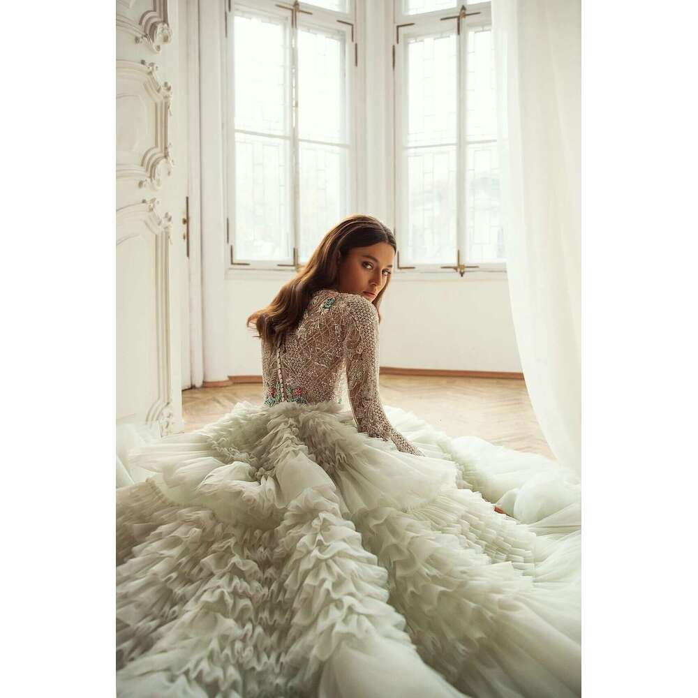 Neck High See Through Beaded Tulle Or Length Long Evening Dresses Crystal Dress For Women Lush Ball Gown