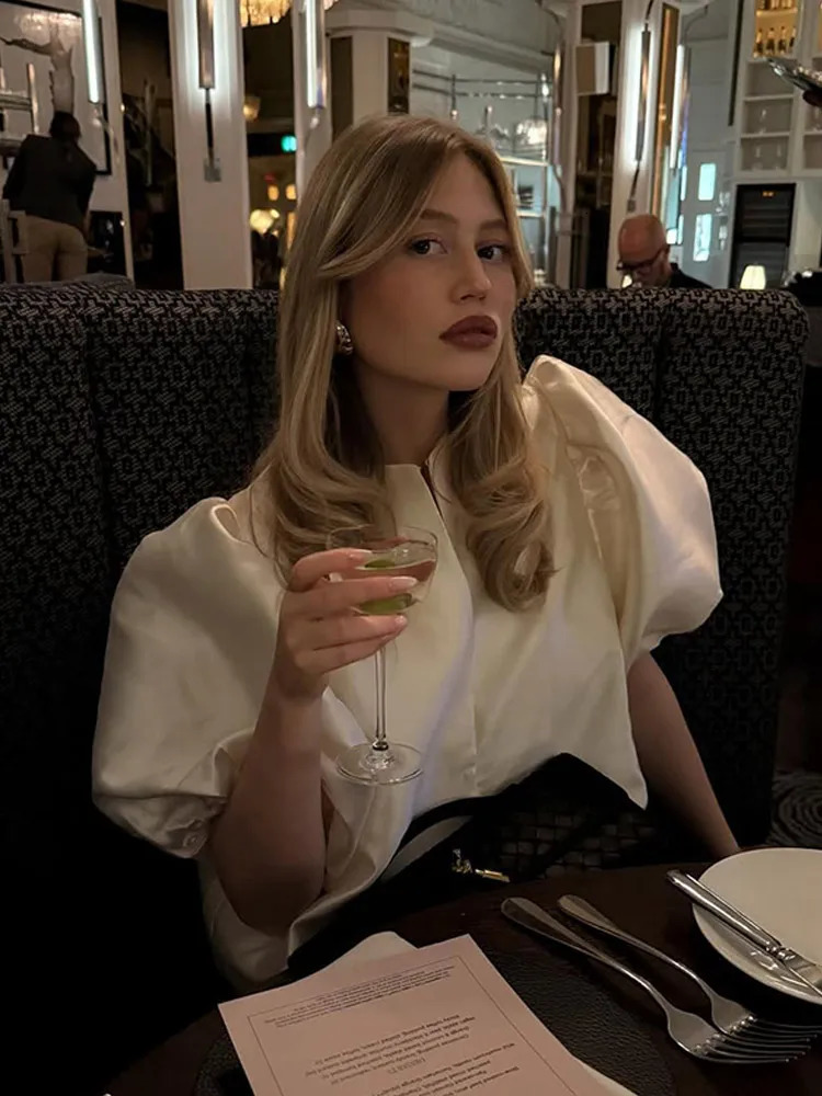 Spring Summer Womens Fashion Casual Shirt Satin Bubble Sleeves Round Neck Loose Short Top Female Elegant Solid Blouses 250213