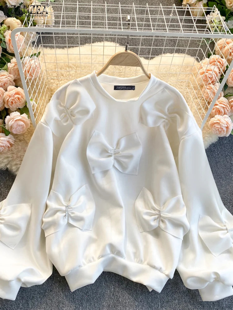 Holiday Autumn Long Sleeve Sweety Tops ZANZEA Women Bowtie Stitching Pullover Fashion Solid Sweatshirt Casual Oneck Hoodie 250213