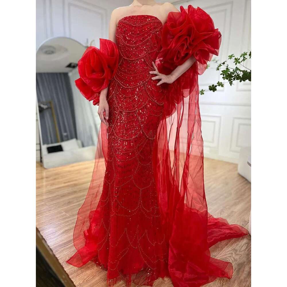 Long Red Cape Mermaid Evening Dresses Gowns With Puff Sleeves Beaded Overskirt And Design Party Customize BLA