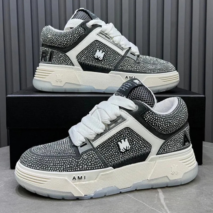 Designer Women Crystal MA-1 Sneakers Mens MA1 Sports Shoes Rubber Sole Crystal Inlaid Leather Upper Breathable Comfortable Towel Inner Brand Womens Casual Shoes 44