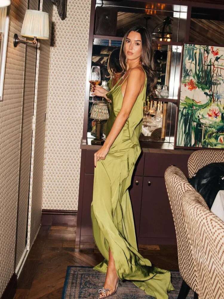 Elegant Green Satin Ruffles Sg Long Dress Women Sexy Backless Sleeveless Split Slim Dresses Lady 2025 New Party Club Vestidos