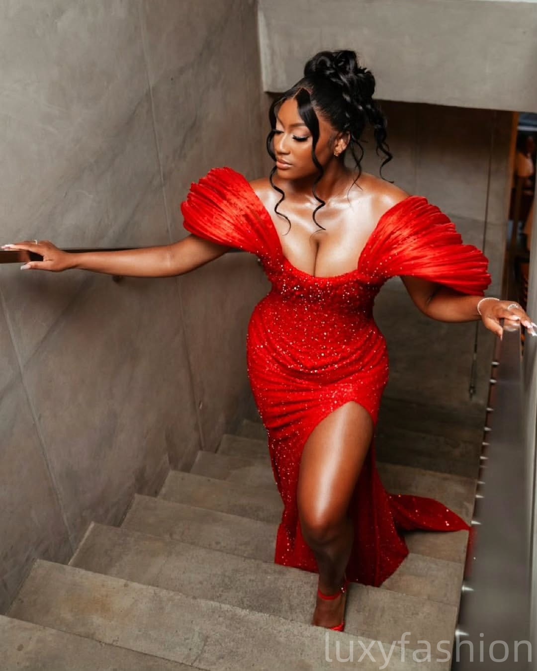 Aso Ebi 2025 Red Mermaid Prom Dresses Beaded Sequined Lace Stylish High Split Evening Formal Party Second Reception Birthday Gowns Dress For Special O