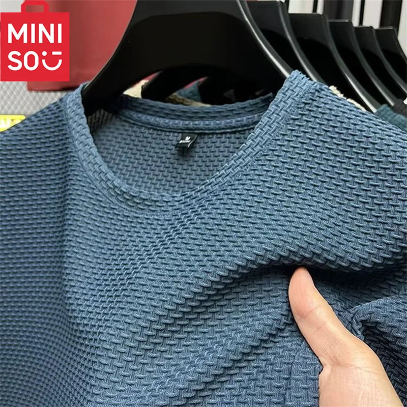 MINISO Bamboo Mesh Ice Silk T-shirt Mens Short sleeved Round Neck T-sleeved Mens Bottom Shirt Summer Solid Color Mens Top 250217
