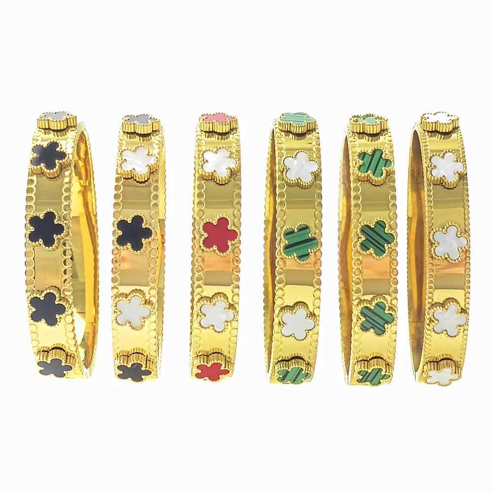 Bangle Classic Stainless Steel Black Green White Flower Bracelet Womens Metal Rust Resistant Wrist Jewelry Gift Party H250217