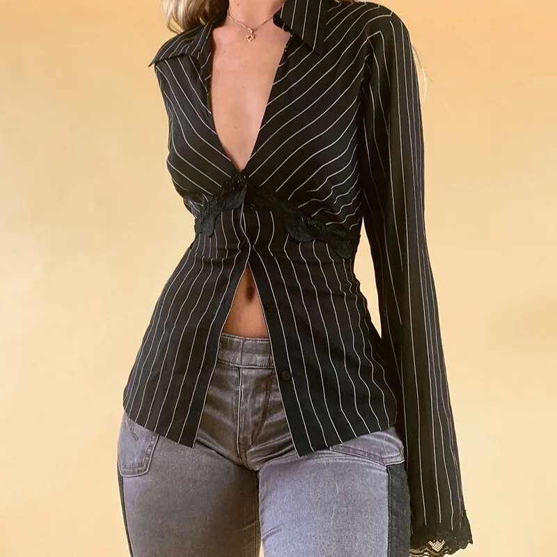 Lamuusaa Striped Shirts Women Lace Trim Deep V Neck Single Breasted Flared Sleeve Cardigan Blouses Tops Y2k Clothing Streetwear
