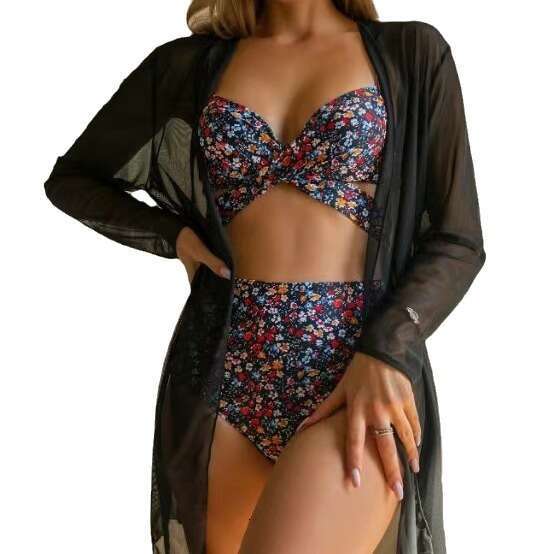 New Bikini Gathering Sexy Mesh Three Piece Set with Split Printed Butterfly Swimsuit for Women Underwears Woman Designer Bikini Swimwear New Arrival