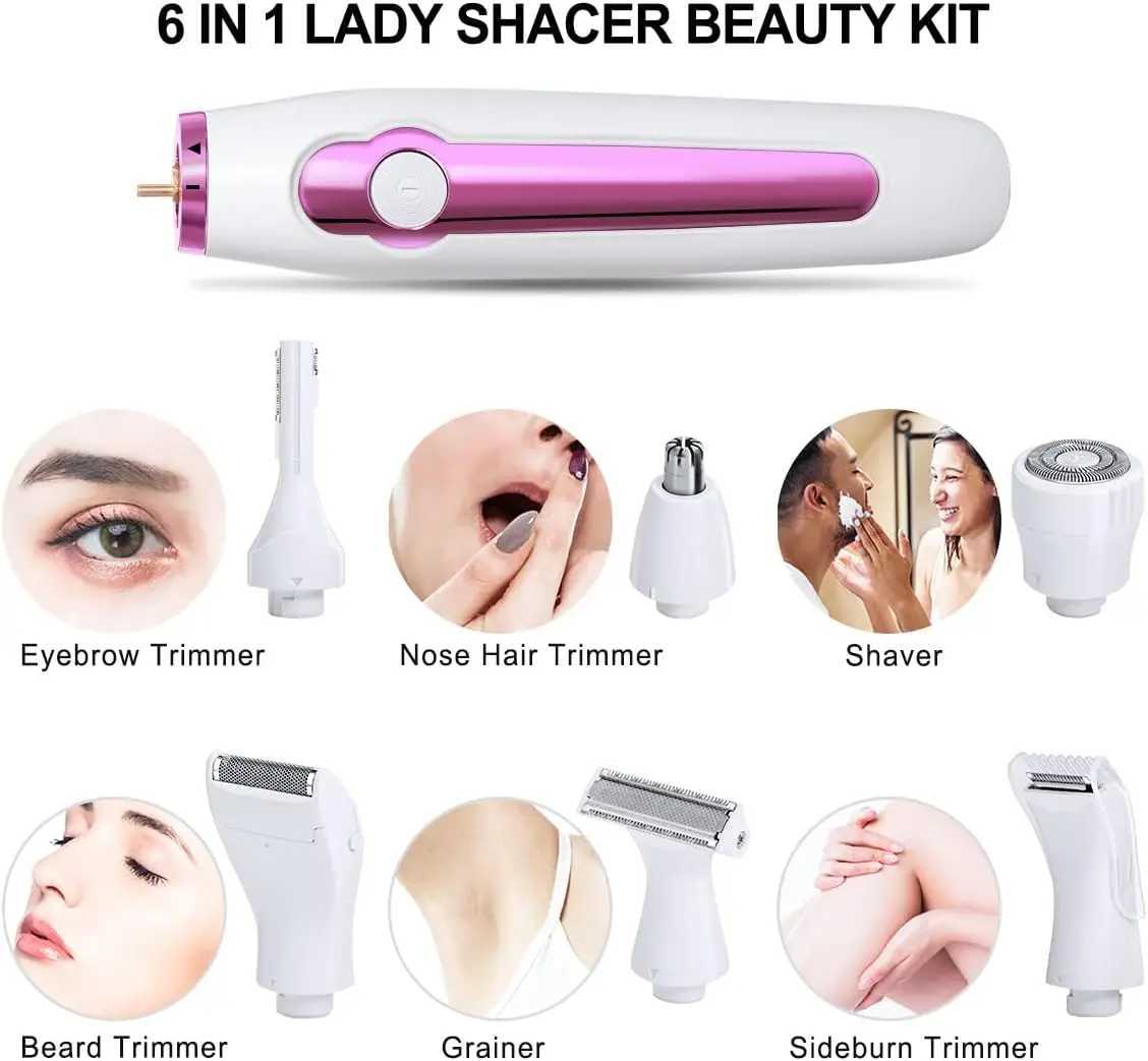 6 In 1 Electric Epilator Hair Shaver Trimmer Painless Cordless Razor For Eyebrow Bikini Leg Under Facial Hair Removal Clipper Z250218