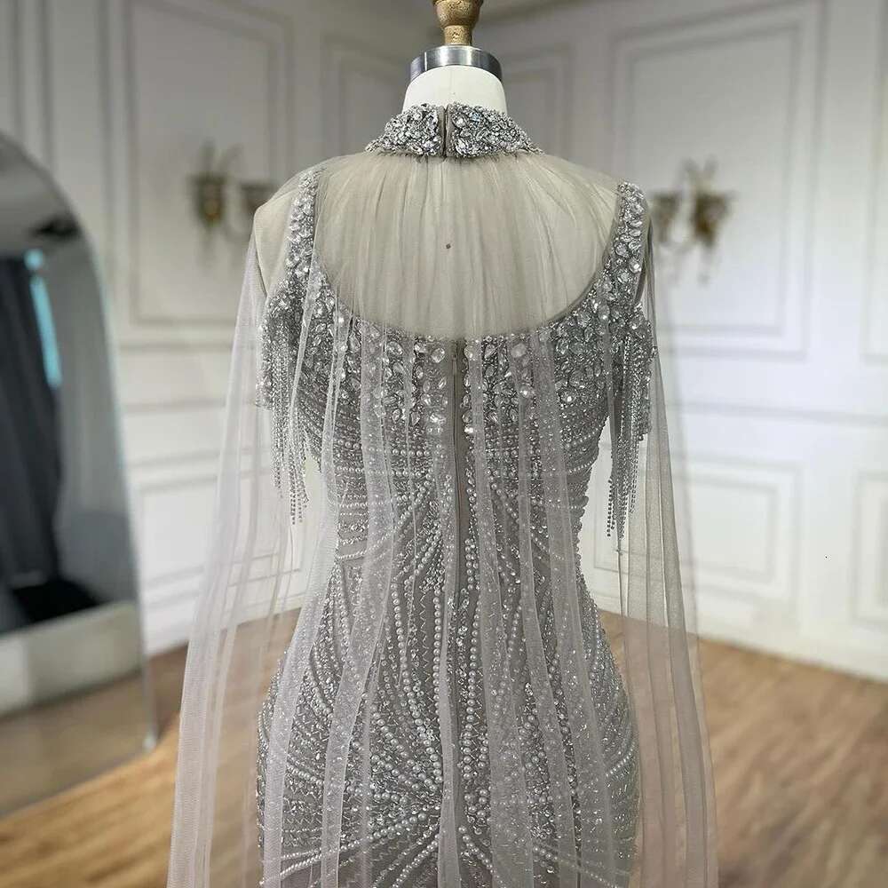 Strap Spaghetti Long Cloak Mermaid Sier Nude Beaded Evening Dresses Gowns Customize Party BLA