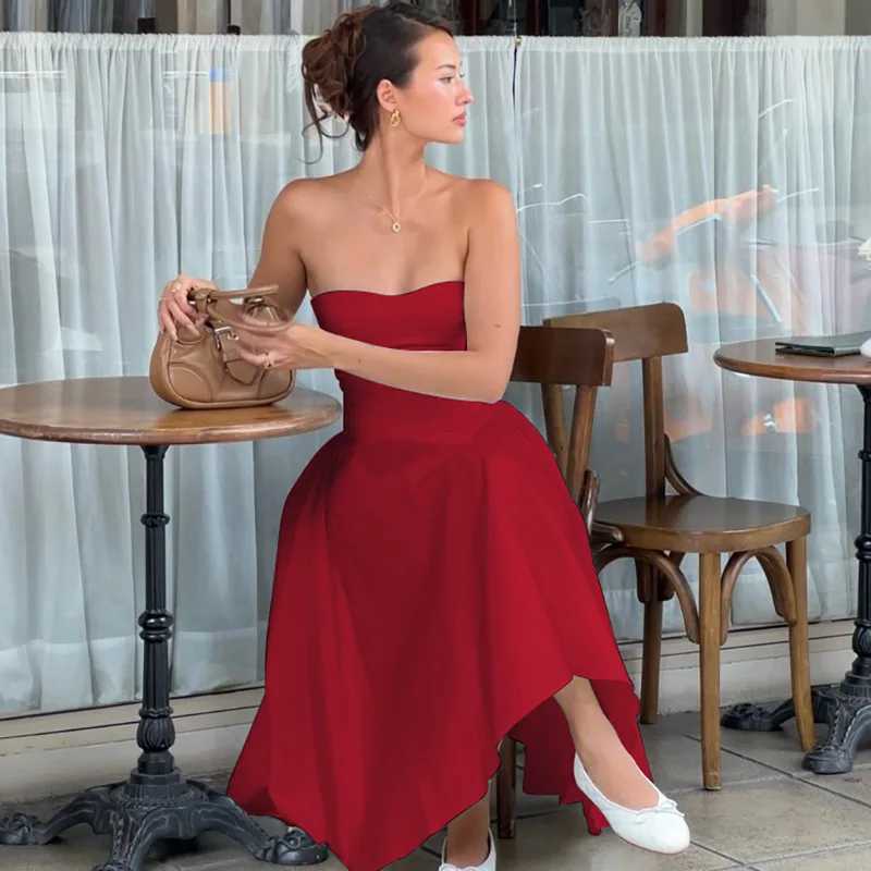 Basic Casual Dresses Lygens Strapless Ruched Midi Long WomenS Dresses Elegant Evening Prom Ladies Dresses Solid New A Line Korean Casual Clothes H2521
