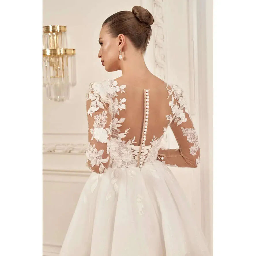 Short Wedding Dress Sheer Neck Buttons Back Lace Appliques Tulle Beach Bridal Bride Gowns Vestidos De Novia Mariee Appliques Customized