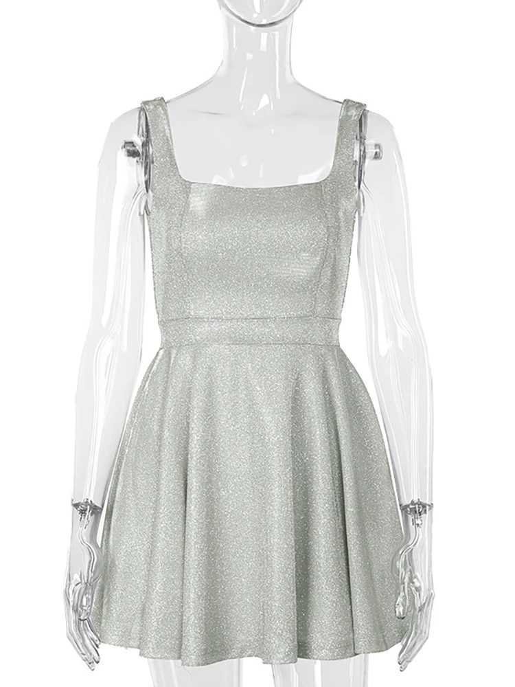 Basic Casual Dresses Fantoye Glitter Bright Silk Sparkling Women Dress Silver Spaghetti Strap A-line Dress Femme Autumn Skinny Elegant Party Clubwear 