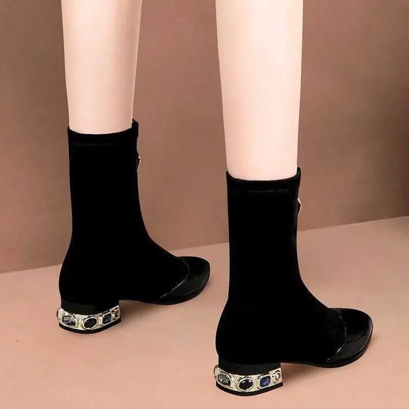 Women Shiny Sequin Ankle Boots Winter Fi Pointed Frt Zipper Rhine Square Heels Short Boots Motorcycle ShoesXJ250217