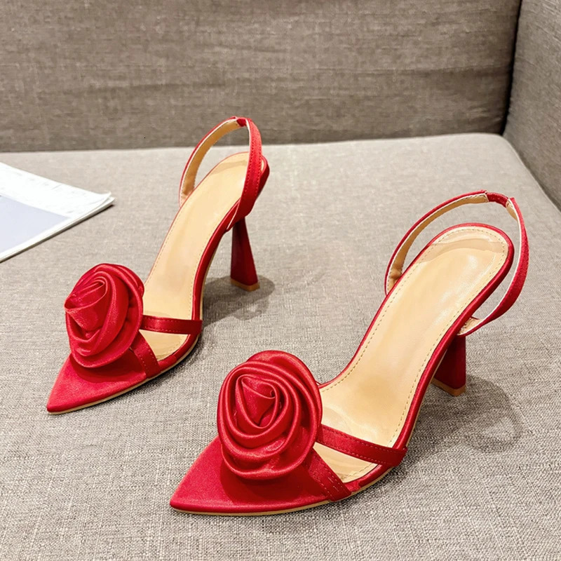 Liyke Summer Fashion Silk Rose Flowers Pointed Open Toe Back Strap Sandals Women Red High Heels Wedding Prom Shoes Zapatos Mujer 250217