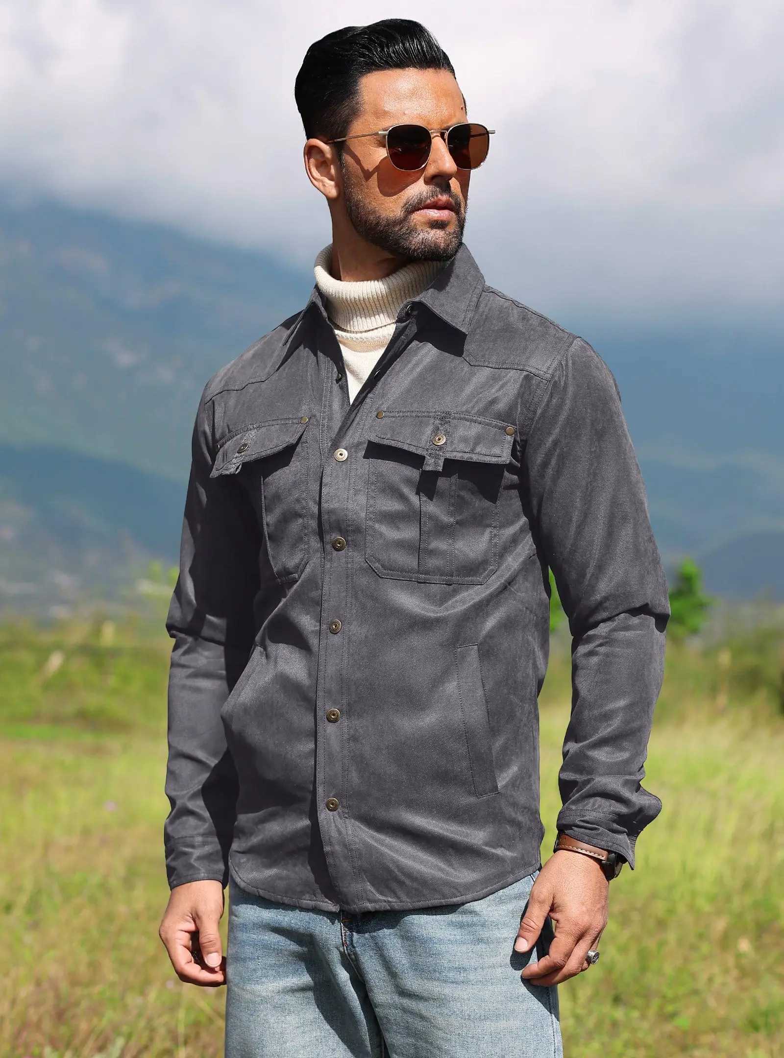 Mens Shirt Jacket Shacket with Flannel Lined Casual Snap Button Overshirt Western Cowboy Jackets Fall Clothing W250217