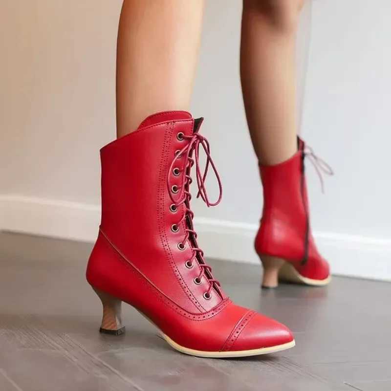 High Heeled Short Boots Women British Style Noble Knight Booties Pointed Toe Cross-tied Lace-up Ankle Boots Medieval BootsXJ250217