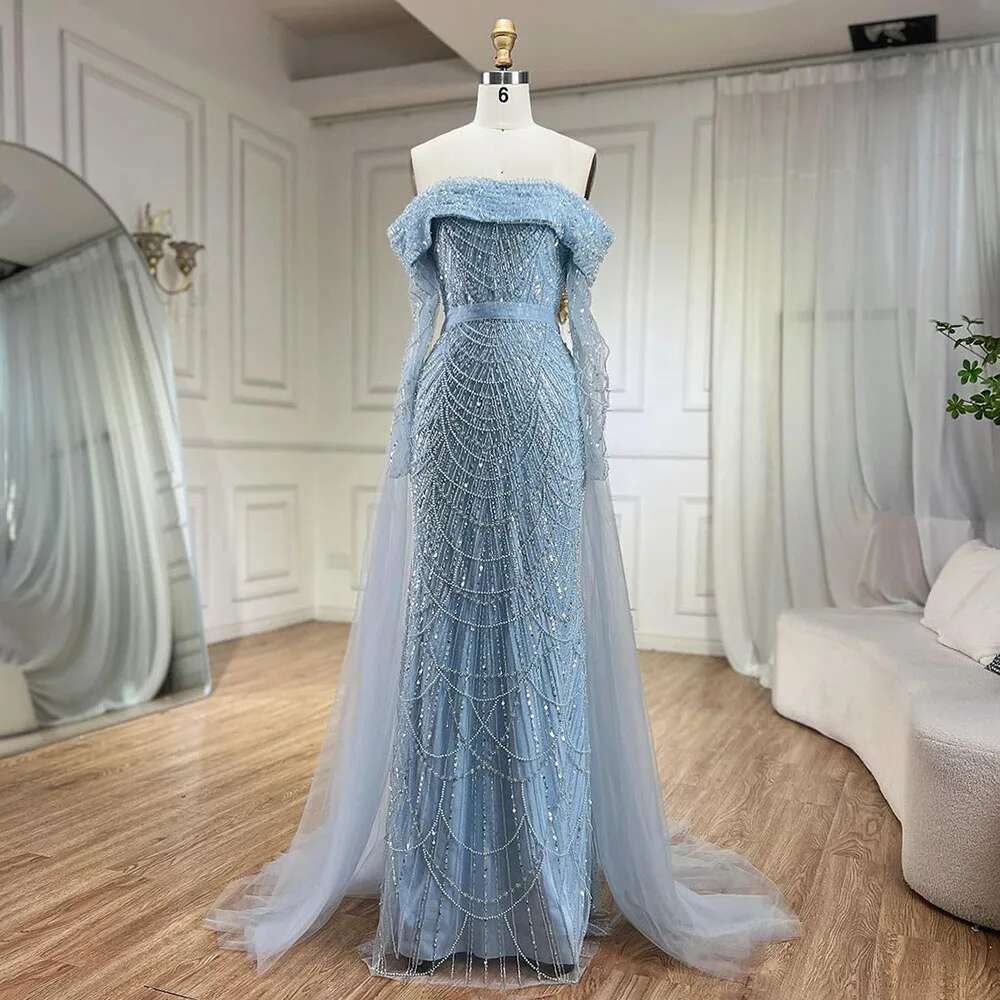 Arabia Dubai Nude Mermaid Boat Neck With Overskirt Evening Dresses Gown Customize Evening Party