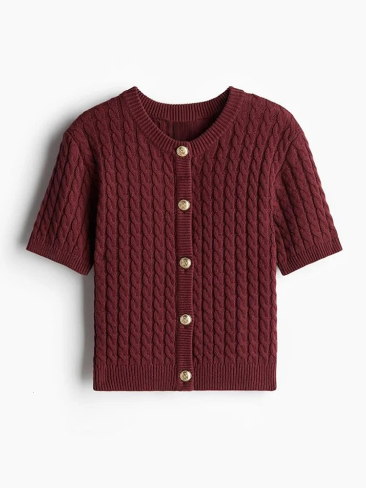 Elegant Knitted Single Breasted Cardigan Women Casual Oneck Short Sleeve Sweater Spring Allmatch Lady Knitwear 250211