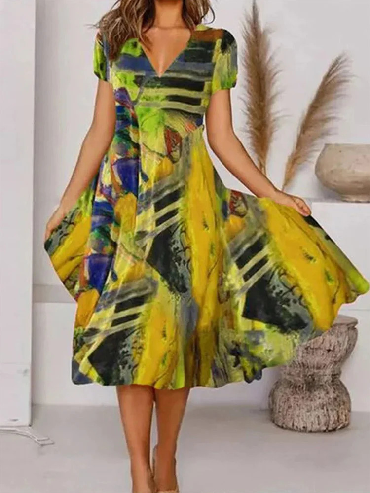 Plus Size 2024 Summer Womens Vneck Short Sleeve Printed Pattern Casual Loose Zipper Dress 250214