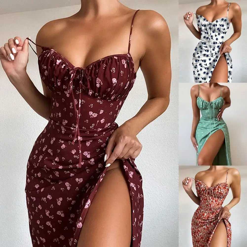 Basic Casual Dresses 1 piece of spaghetti shoulder strap womens dress with pleated hem evening floral print comfortable summer suspender midi H25217