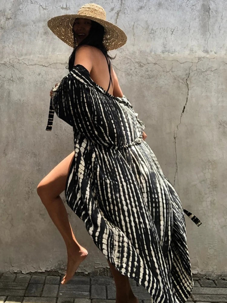 Beach Cover Ups for Swimwear Women Black Tie Dye Kimono Swimsuit Cape Summer Dress Beachwear Outfits Sales 250212