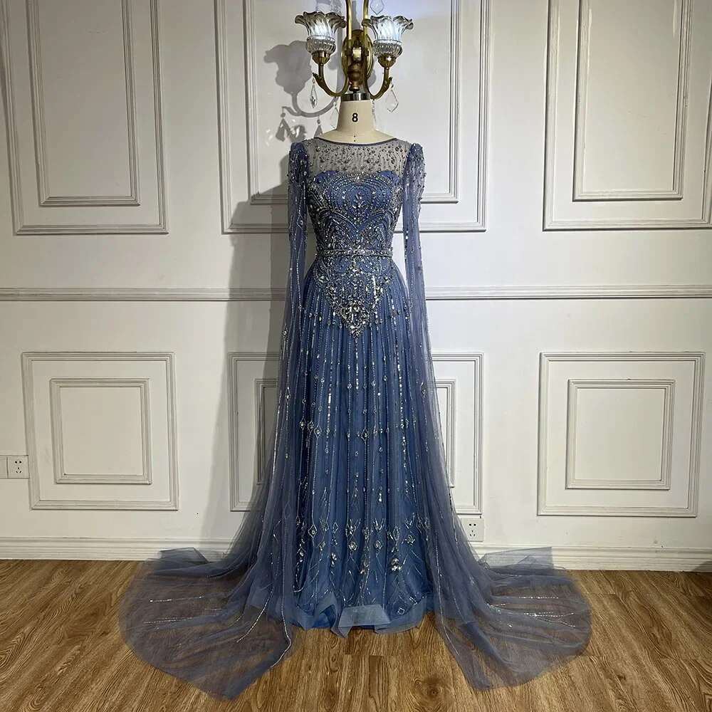 Blue Dubai Cape Sleeves A E Beaded Stone Arabic Evening Gowns Customize Wedding Party BLA rabic vening BL