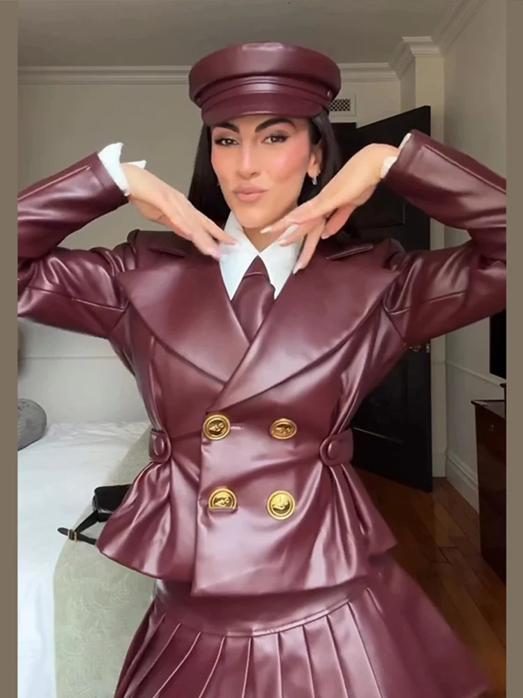 Vintage Wine Red Leather Skirt Set For Women Lapel Long Sleeve Jacket Y2K Pleated Mini Skirts 2 Pieces Suits Lady Street Outfits 250214