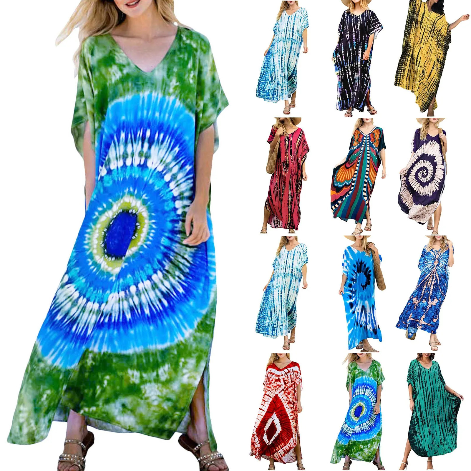 Bohemian Maxi Dresses Summer Kaftan Loose Fit Dress V-Neck Batwing Sleeve Loose Dress For Women Beach Cover Up Dresses 250213