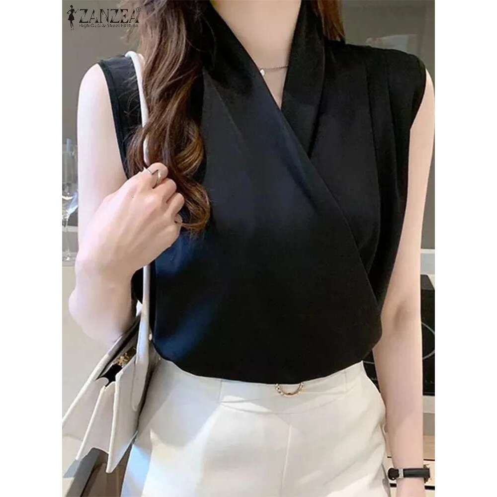 Elegant V Neck Sleeveless Satin Blouse 2024 ZANZEA Summer Women Office Work Tops Female Casual Solid Pleated Shirt Blusas Mujer