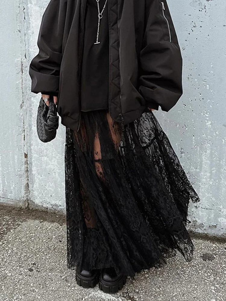 Mueyeruho Spring Summer Women Sexy Maxi Lace Skirts Solid High Waist Flare Long Skirt For 250213