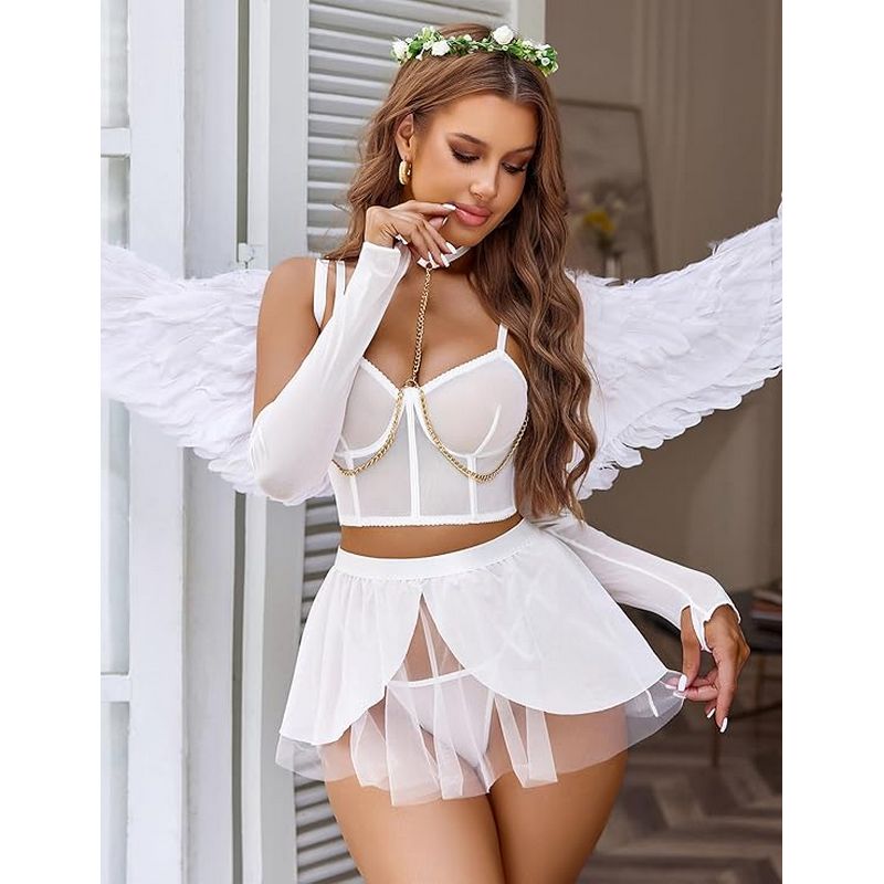 Chic Female Intimate Ensemble with Golden Chains Detail Complete With Bra Top, Ruffle Bodice Skirt, Armlets, Cheeky Panties and Leg Bands