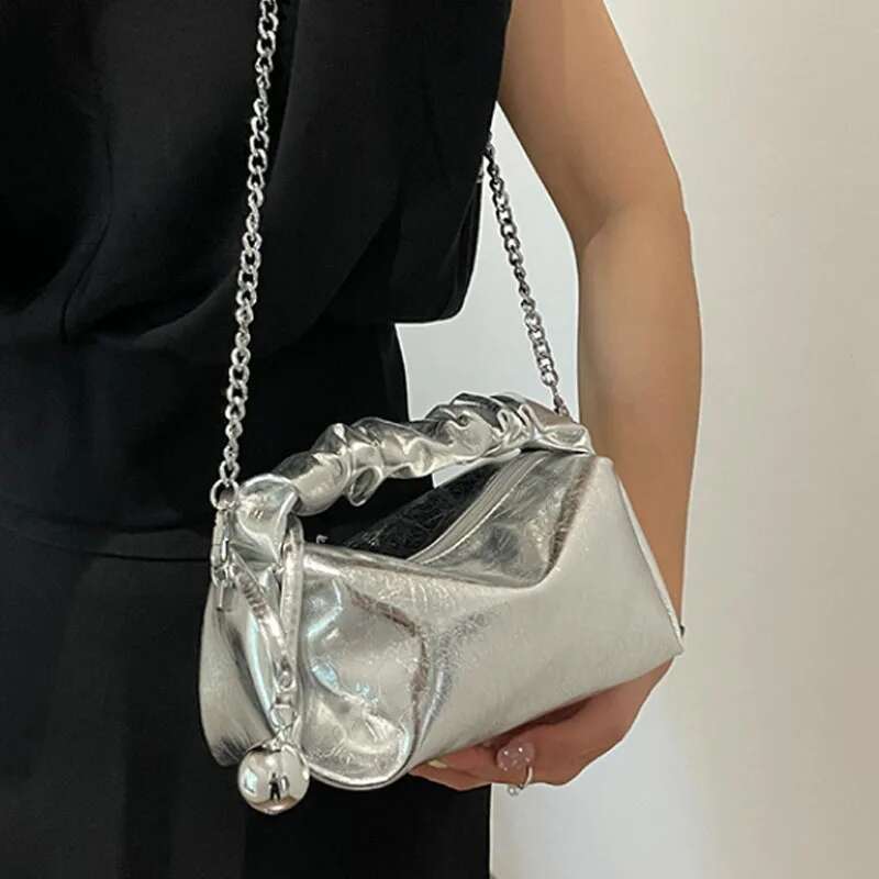Sier PU leather women chain crossbody 2024 High quality pleated handbag Fashion pillow bag
