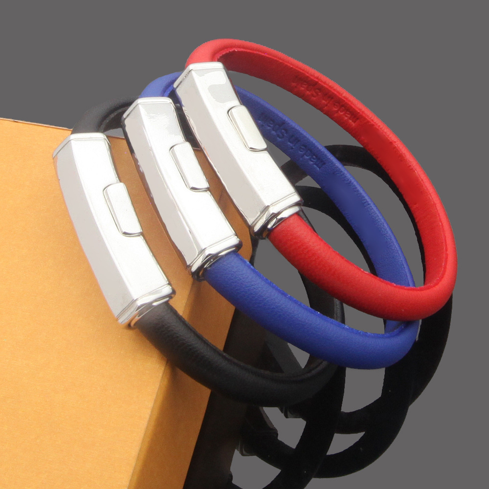 Mens Designer Bracelet Womens Fashion Drop oil Button Black Red Blue Leather Bracelet Bangle Jewelry
