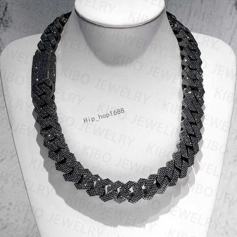 Fashion Jewelry Iced Out 18mm 20mm Black Plated 2 rows Top Quality Sterling Silver Black moissanite cuban link chain
