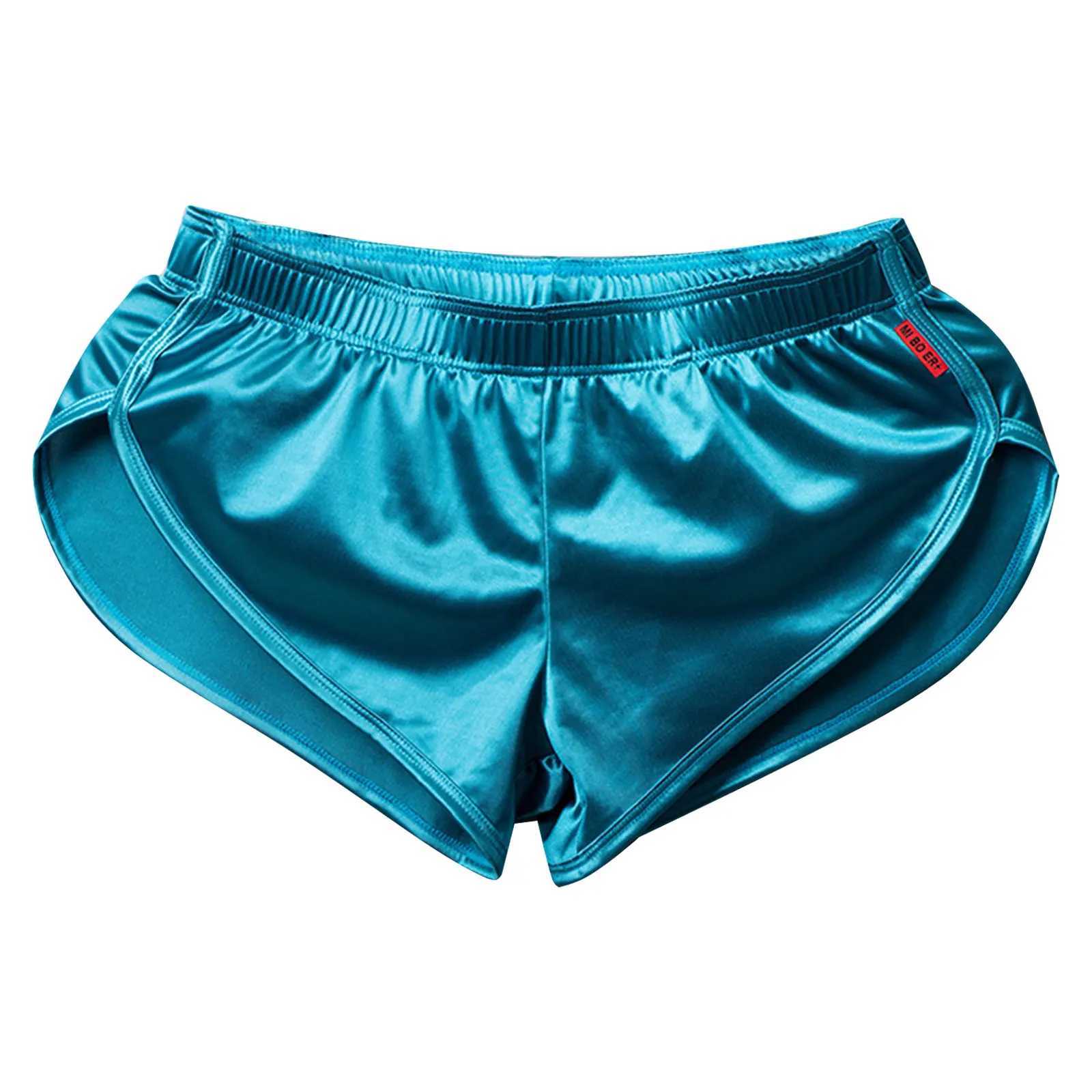 Mens Side Split Satin Swim Shorts Built-in Bulge Pouch Boxer Brief Shorts Swimming Trunks Pajama Bottoms Loungewear Homewear M250218