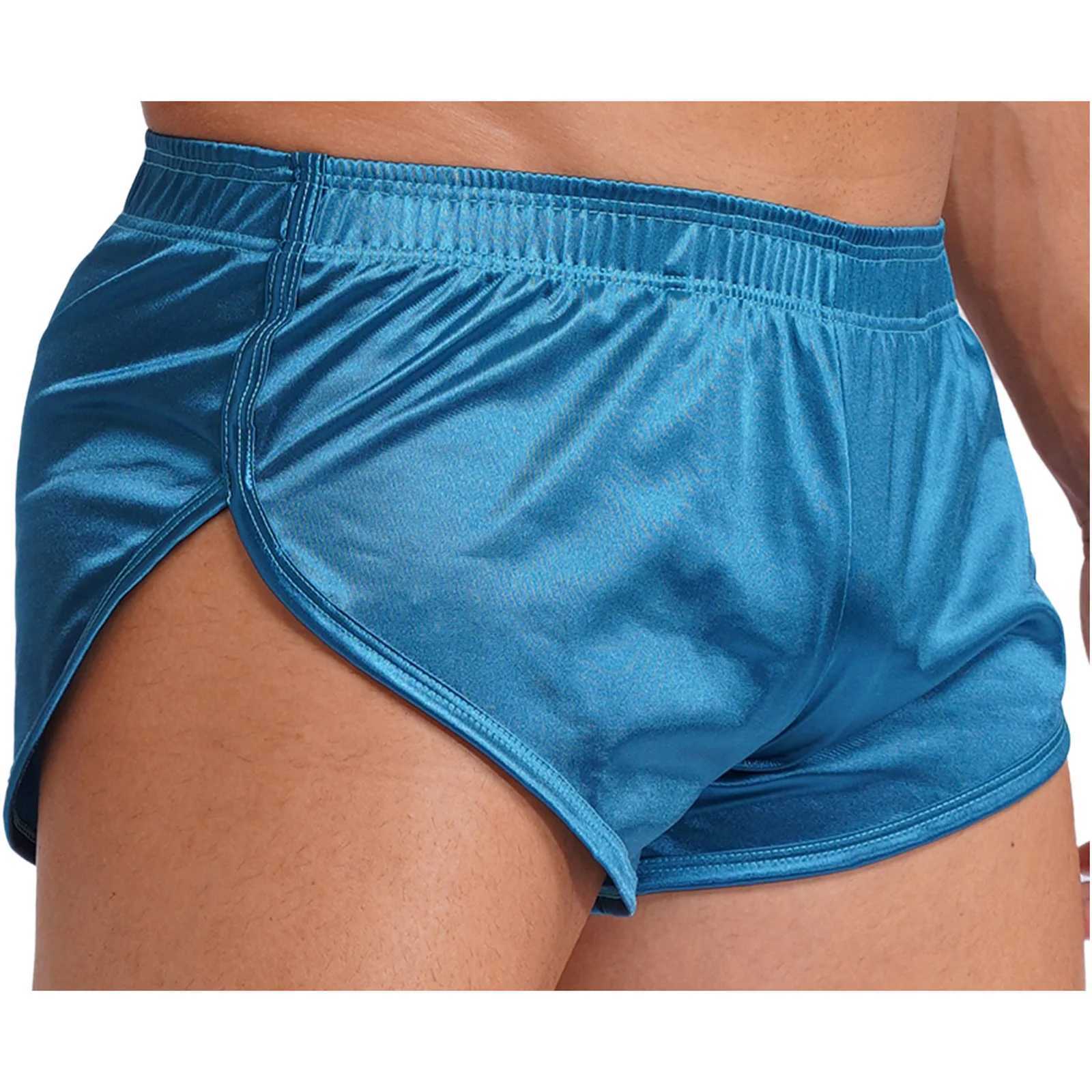 Mens Side Split Satin Swim Shorts Built-in Bulge Pouch Boxer Brief Shorts Swimming Trunks Pajama Bottoms Loungewear Homewear M250218