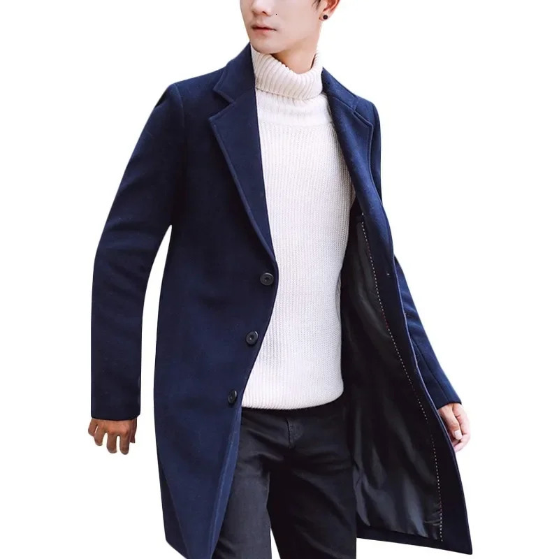 Mens Wool Blend Pea Coats Notched Collar Single Breasted Overcoat Warm Winter Trench Coat Spring Autumn Jackets Clothing 250218