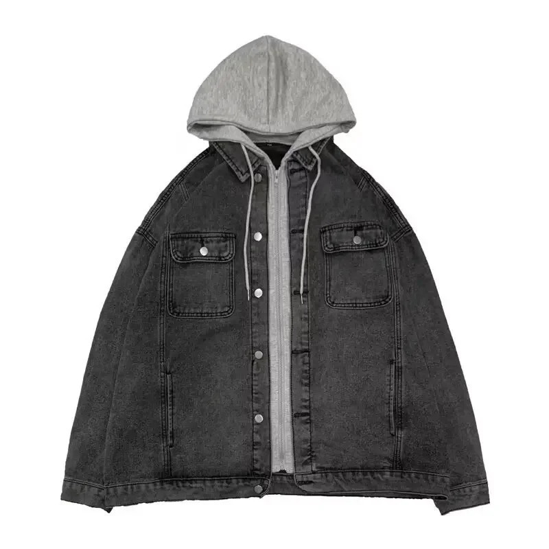 Trendy Hong Kong Style Versatile TwoPiece Illusion Hooded Denim Jacket Casual Loose Fit For Men And Youths Working Clothes 250210