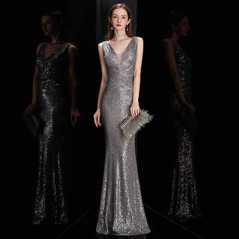 DEERVEADO Elegant V Neck Sequin Evening Long 2023 New Women Mermaid Formal Party Gown Bodycon Maxi Prom Dress