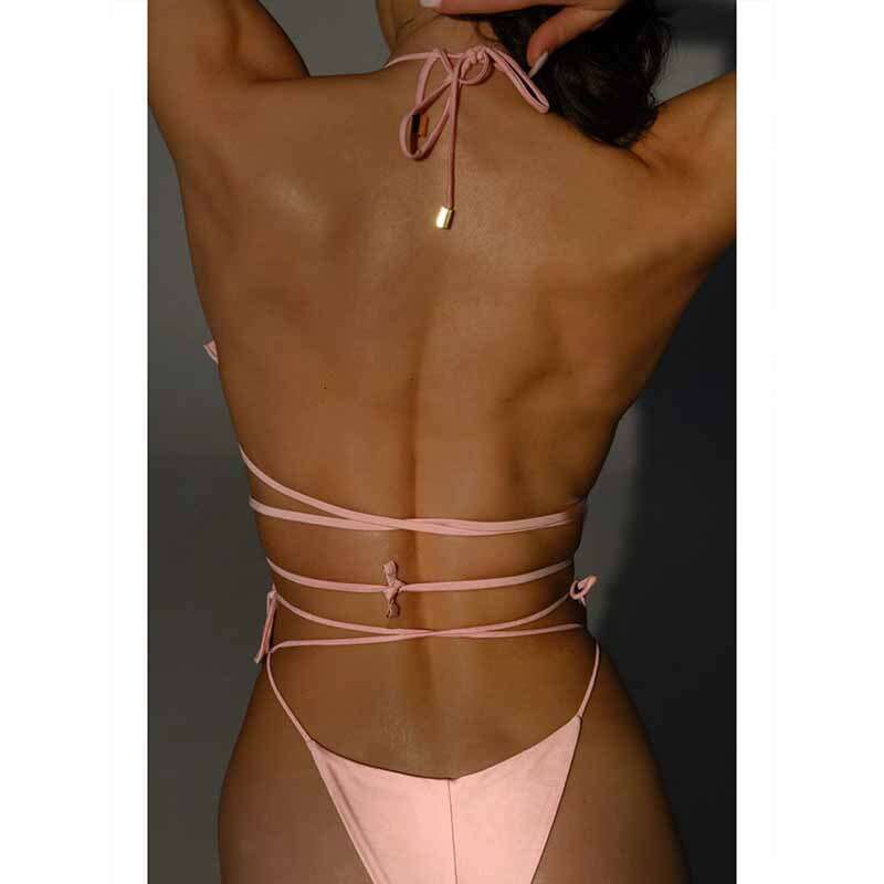 2025 New Fashionable Solid Color Personalized Sexy Bareback Tie Rope Split Women's Three Dimensional Flower Bikini Swimsuit Bikinis New Product N