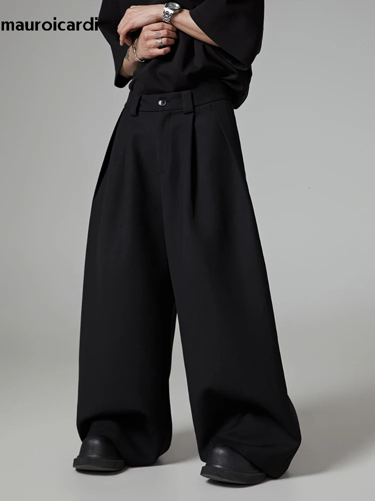 Mauroicardi Spring Autumn Oversized Long Black Flowy Baggy Wide Leg Pants for Mens Streetwear Loose Casual Soft Trousers 2024 250217