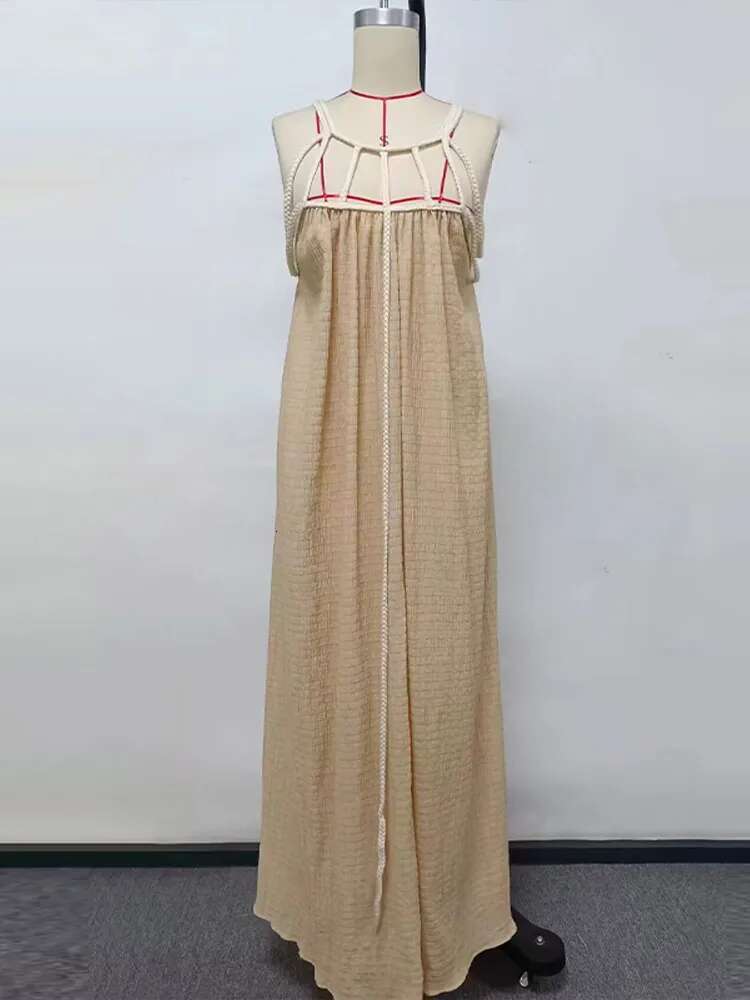 Off Shoulder Hanging Neck Beach Long Dresses Strap Design Hollow Out Sexy Holiday Loose Fashion Tying Summer Women Maxi Dress